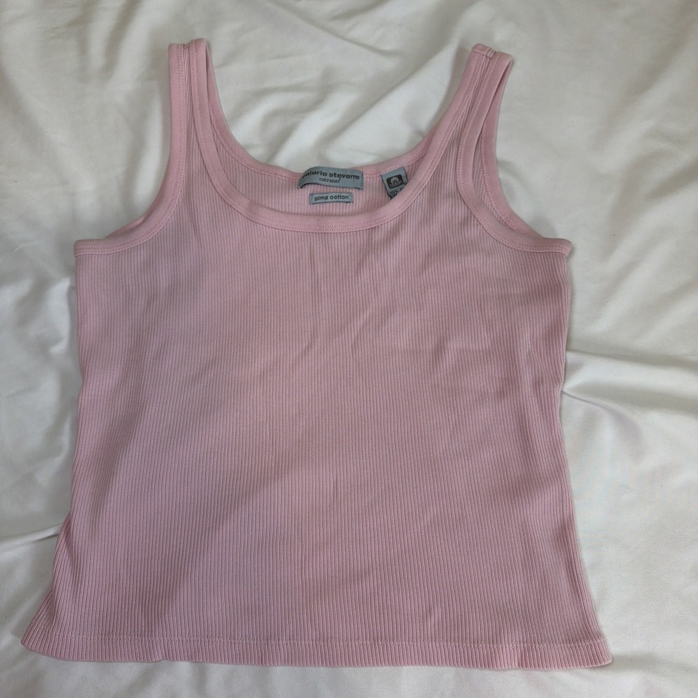 Valerie Stevens Casual Pima Cotton Ribbed White Tank Top Pink Size Small